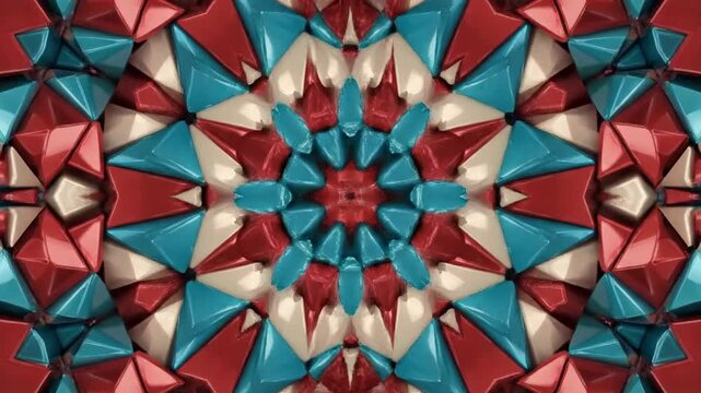 Vibrant kaleidoscopic mosaic featuring 3D triangular pyramids in red, teal blue, and cream white. The geometric pattern forms a symmetrical hexagonal design with a tactile, shiny surface.