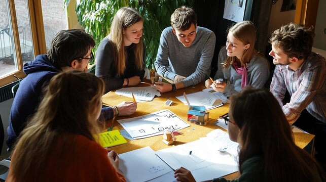 Young Students Brainstorming Ideas Around Wooden Table in Classroom