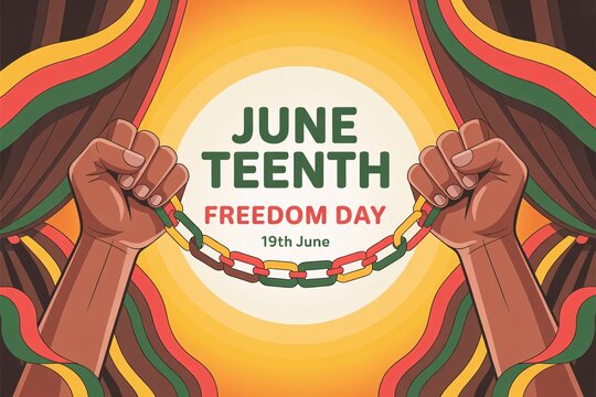 Hands breaking chains on juneteenth freedom day celebration poster with colorful background.