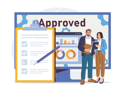 Business team reviewing charts beside checklist in flat style on a light background, representing approval and project management concept. Hand-drawn vector illustration
