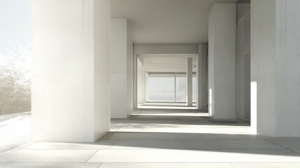 Naklejka premium Long minimalist hallway with repeating pillars and floor to ceiling windows, bright winter sunlight casting geometric shadows across a pristine, serene modern interior