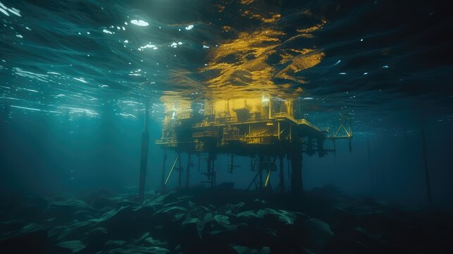 Oil rig structure submerged in the deep ocean, featuring industrial elements and a golden reflection on the water surface, symbolizing energy exploration and underwater industry