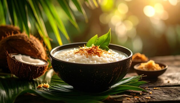 Artisanal Coconut Rice Pudding in a Shell Bowl, Bathed in Warm Tropical Sunlight