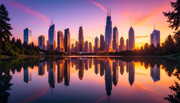 A Future City's Luminous Skyline Mirrored in Still Waters at Purple Sunset