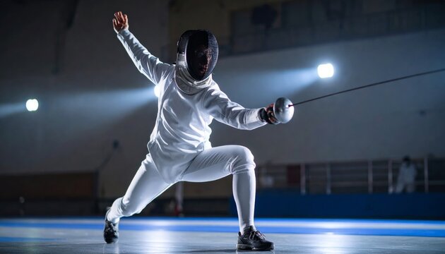 Intense fencer executes a powerful lunge, dramatically backlit in a dark hall.