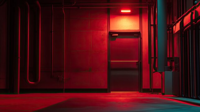 Industrial corridor with emergency exit door and red light