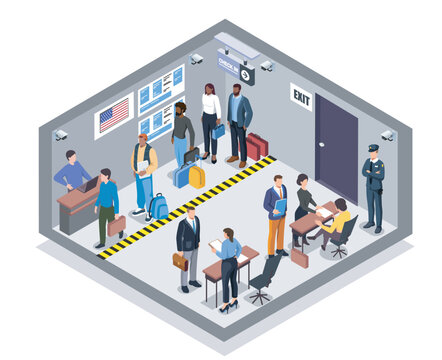 People waiting in a border control room shown in isometric graphic style on a clean white background, depicting travel security procedures. Hand-drawn vector illustration
