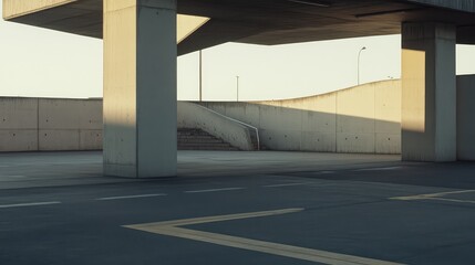 Naklejka premium Modern brutalist architecture featuring substantial concrete structures, geometric shapes, and a stark urban landscape, illuminated by natural light casting contrasting shadows across the surfaces