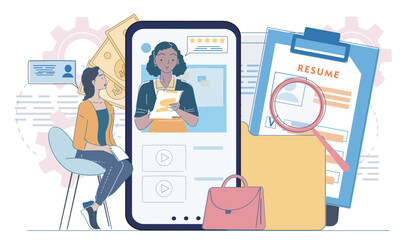 Fototapeta premium A job applicant, digital profile on mobile screen, documents and resume on bright abstract backdrop, concept of recruitment workflow and career search. Hand-drawn vector illustration
