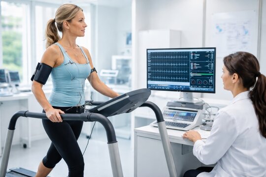 Woman Checks Heart. Preoperative Test Performed On Woman To Evaluate Heart Function Before Procedure