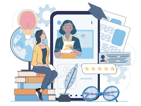 A student with books watching an educator on a large device screen in a clean flat style on a light background, representing a digital education concept. Hand-drawn vector illustration