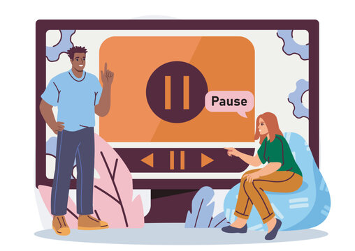 Two people interacting near a large screen showing a pause symbol, in a flat graphic style, on a light background, media control concept. Hand-drawn vector illustration