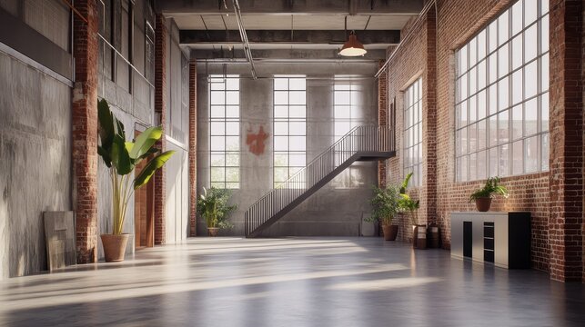 Spacious industrial loft apartment featuring exposed brick walls. A concrete staircase. Large factory windows. Concrete floors. And green plants. Creating a modern. Minimalist living or working space