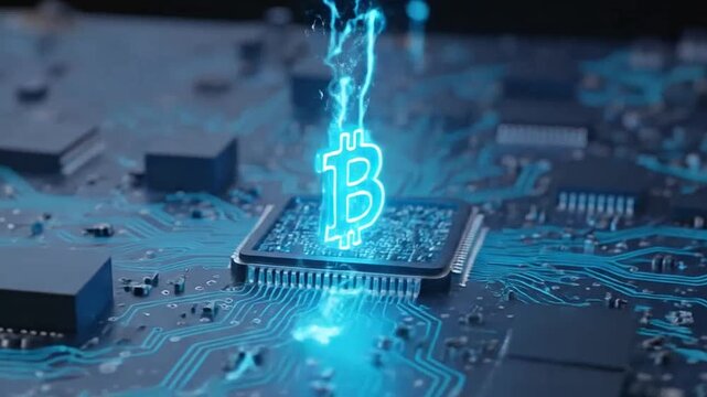 Bitcoin symbol glowing on computer chip.