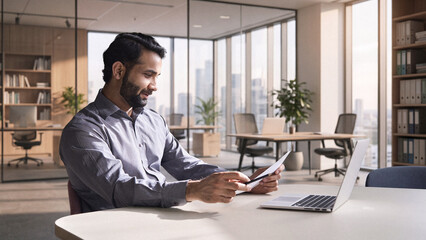 Fototapeta premium Smiling indian business man employee working on laptop looking at document at home office. Male ethnic professional teacher reading paper, employer holding cv, lawyer checking contract sits at table.