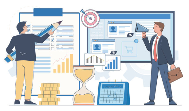 Business team analyzing charts in flat style on light background showing planning and marketing concept for growth idea. Hand-drawn vector illustration