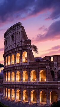 Evening view of the ancient Colosseum framed by soft sunset and floral border