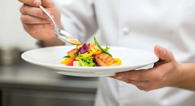 Chef presenting a gourmet dish in a kitchen