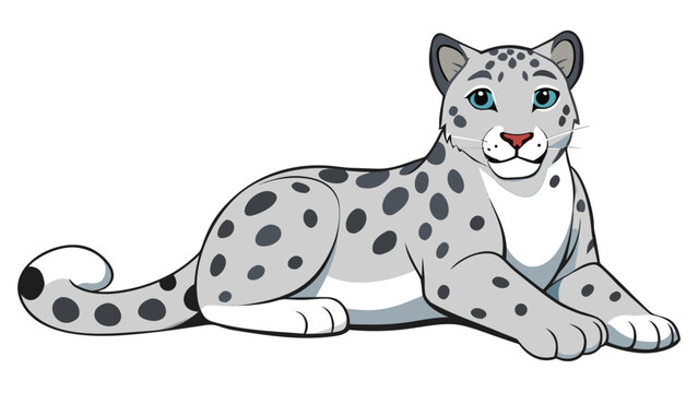 Friendly snow leopard cartoon character lying down in a flat vector illustration style for wildlife education and children design