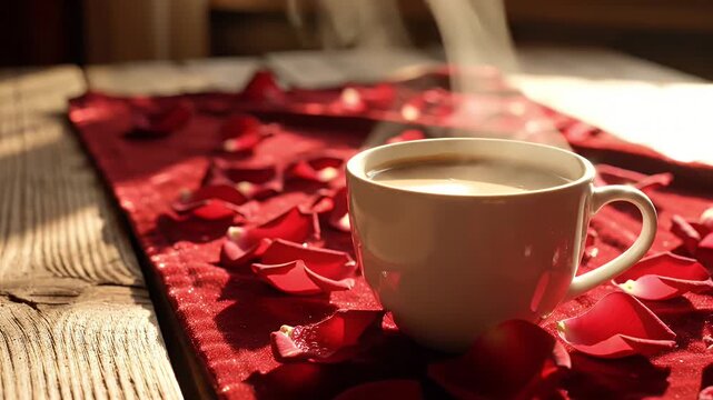 White ceramic coffee cup sits among scattered rose petals on a rustic wooden table
