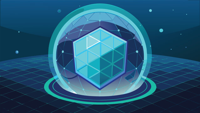 Futuristic glowing blue cube inside a digital energy sphere representing blockchain technology and data security in a virtual cyberspace environment