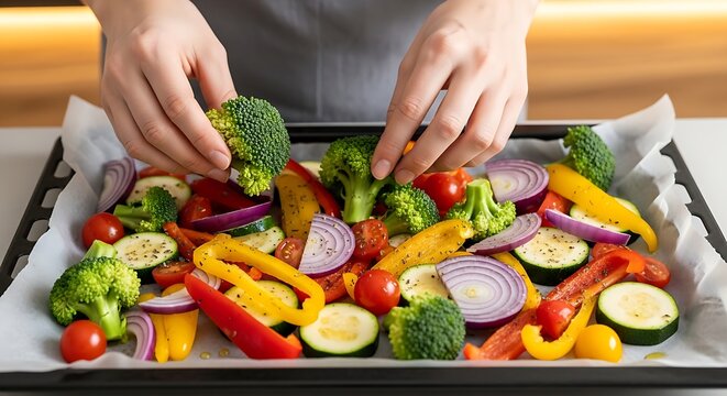 Person preparing fresh vegetables on a baking tray in a bright kitchen