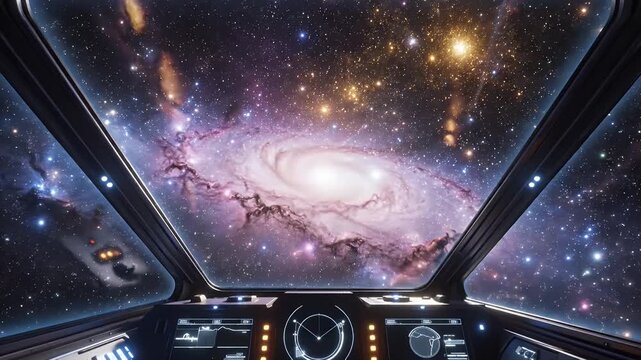 Piloting a sleek starship through a luminous nebula panorama from the cockpit