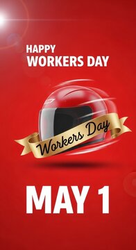 Vertical 916 Mobile Format for Happy Workers Day 2026 Featuring Helmet and Golden Ribbon