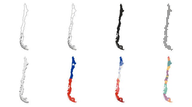 Chile map set with regions outline silhouette flag colors and dotted geometric styles vector