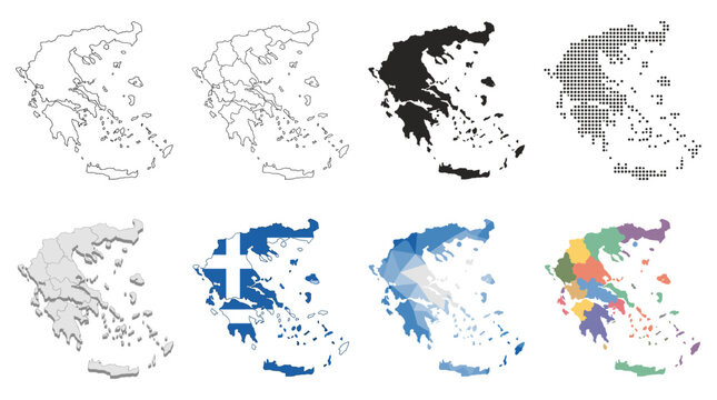 Greece map set with regions outline silhouette flag colors and dotted geometric styles vector