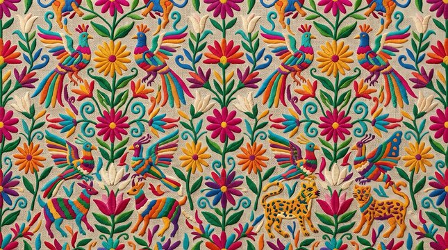 Traditional Mexican Otomi embroidery seamless pattern with colorful birds, flowers and animals on beige fabric background