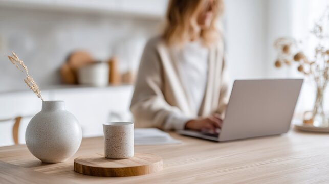 Woman managing tasks on a laptop from her home kitchen, emphasizing the concepts of remote work, productivity, and modern living in a bright, clean, and organized environment