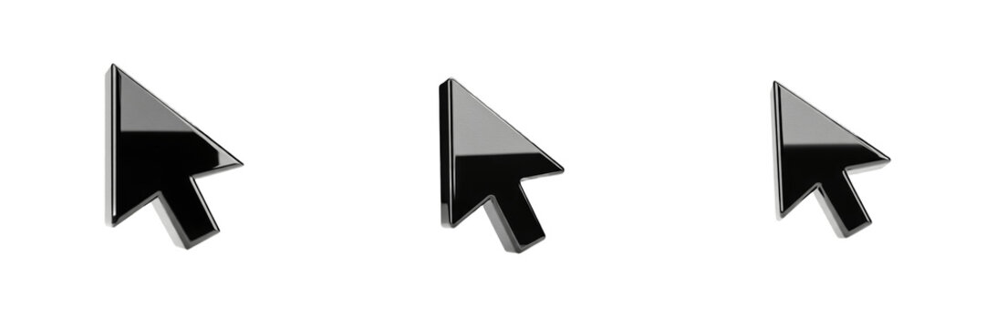 3D Black Computer Mouse Arrow Cursor Pointer Isolated on White Background for Digital Navigation Internet Technology Interface and Web Design Projects