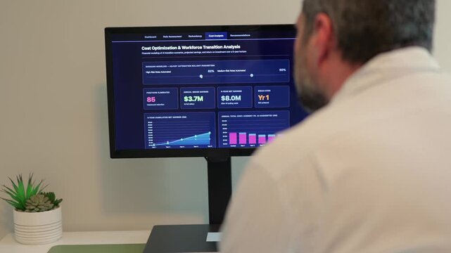 Business analyst reviews dashboard showing cost savings, ROI, and workforce readiness for AI integration and job replacement - SaaS layoff concept