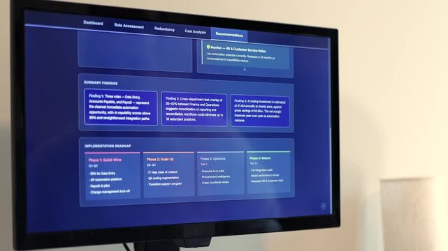 Business analyst reviews dashboard showing cost savings, ROI, and workforce readiness for AI integration and job replacement - SaaS layoff concept