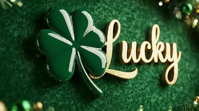 Shamrock Four-Leaf Clover Ornament with Gold Script Lucky on Glittering Emerald Green Background