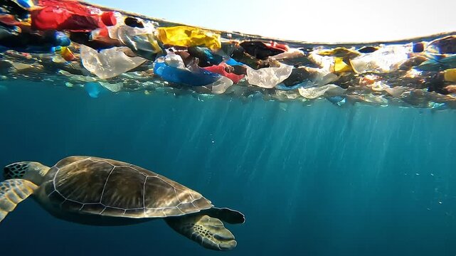 Sea turtle swimming underwater below floating plastic garbage patch, split shot of marine wildlife animal survival in polluted ocean environment.