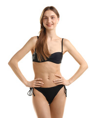 Fototapeta premium Beautiful woman wearing stylish swimsuit on white background