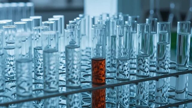 A single test tube filled with red liquid among many empty tubes on a rack.