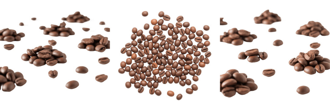 A Selection of Roasted Coffee Beans Arranged in Piles and a Large Central Cluster Isolated on a White Background for Beverage and Cafe Industry Concepts