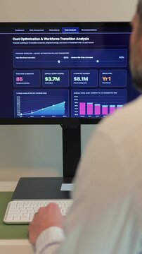 Business analyst reviews dashboard showing cost savings, ROI, and workforce readiness for AI integration and job replacement - SaaS layoff concept