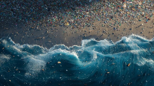 Polluted Beach Ocean Waves Crash on Shoreline Strewn with Plastic Debris.