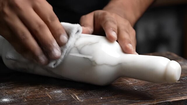 Closeup of hands polishing a white marble rolling pin.