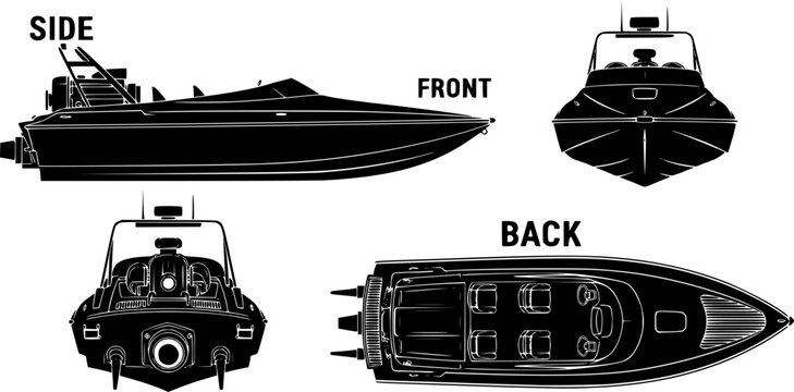 jet boat silhouette icons set side, front, back, and top views vector art illustration
