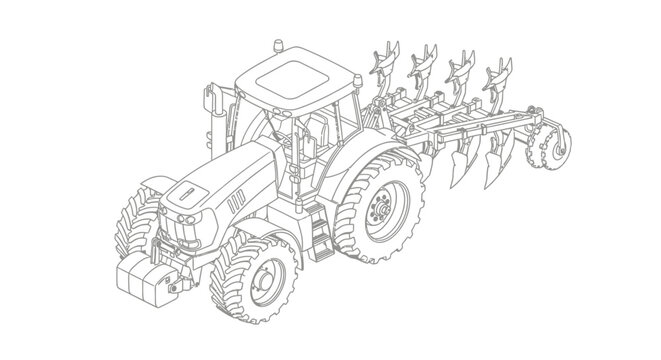 Detailed line art illustration of a modern agricultural tractor pulling a multi-furrow plow, viewed from an isometric angle on a white background.