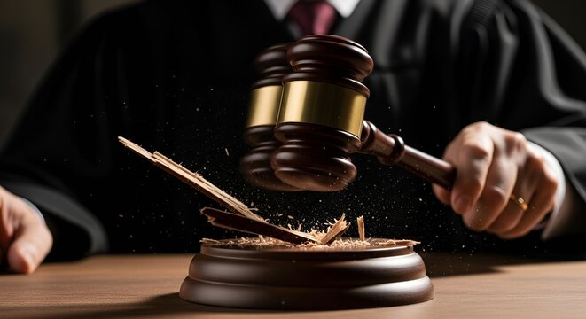 Judge slams gavel forcefully breaking wooden block in courtroom symbolizing justice.