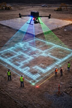 The drone scans the construction site with a hologram of the plan. People in hard hats are working at the site, top view.