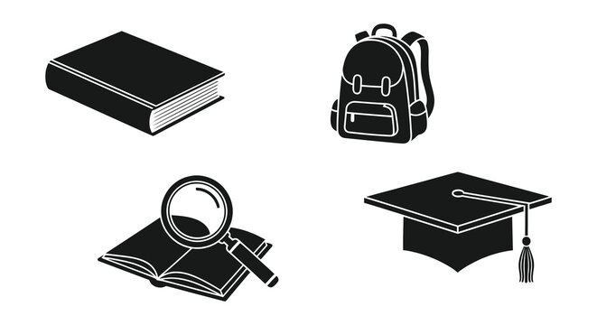 School supplies including a book backpack cap and magnifying glass silhouette