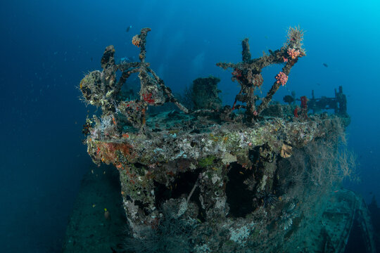 Coral-covered main tower of Kuda Giri shipwreck in Maldives underwater reef scene