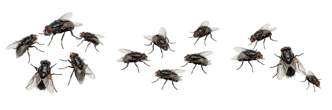 Group of Black House Flies Isolated on White Background Pest Control Insect Nature Graphic Illustration Design Element for Creative Projects High Quality Transparent PNG
